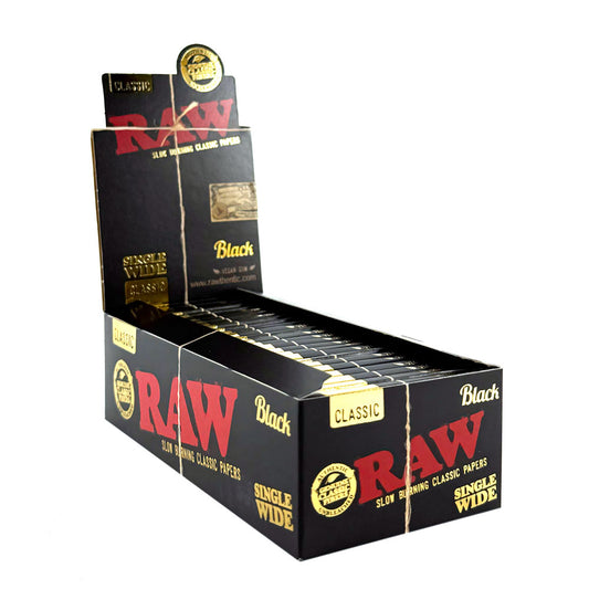 Box of Raw Black rolling papers on a white background