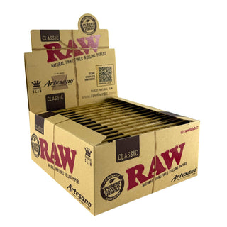 Box of RAW Classic Artesano rolling papers with visible branding on a white background