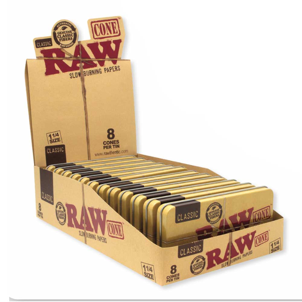 RAW Classic 1 1/4 Size Pre Rolled Cones Tin (8ct)