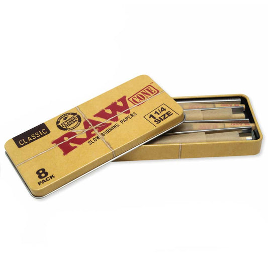 RAW Classic 1 1/4 Size Pre Rolled Cones Tin (8ct)