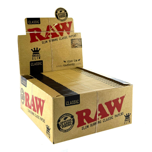 Box of Raw rolling papers with red and black text on a white background