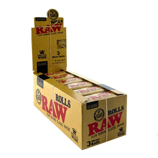 Box of RAW Classic King Size Wide 3 meter rolling papers with visible branding on a white background