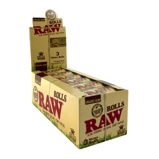 Box of RAW Organic King Size Wide Rolls with visible branding on a white background
