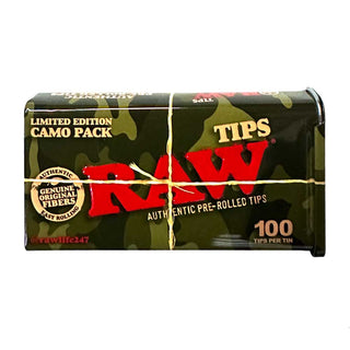 Tin of Raw pre-rolled tips with camouflage design on a white background