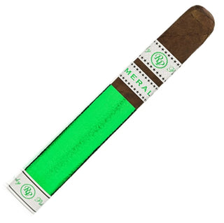 Rocky Patel Emerald cigar with green wrapper and white band on a white background