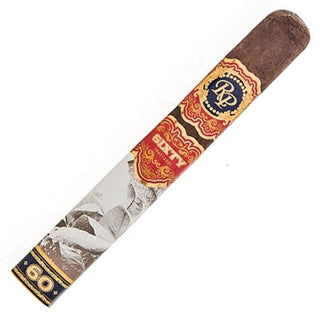 Rocky Patel Sixty cigar with decorative band featuring branding and design elements on a white background