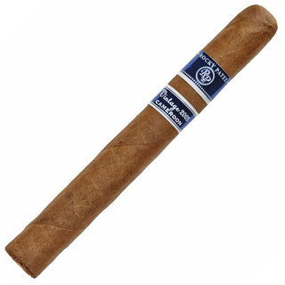 Cigar with a blue Rocky Patel label on a white background