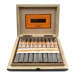 Wooden cigar box with Rocky Patel Vintage 2006 San Andres cigars on a white background