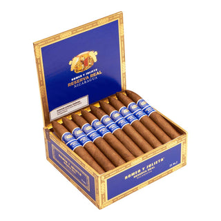 Open box of Romeo y Julieta Reserva Real Nicaragua cigars with blue and gold packaging.