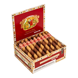Open box of Romeo Y Julieta Reserva Real Twisted cigars with a red label on a white background
