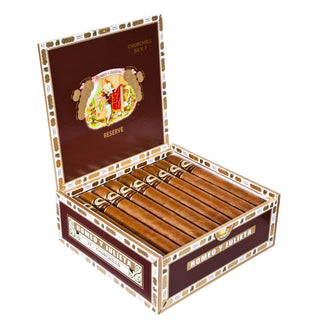 Open Romeo Y Julieta Reserve cigar box filled with cigars on a white background
