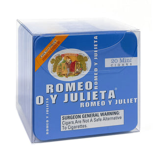 Box of Romeo y Julieta mini cigars with blue packaging and visible branding.