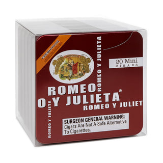 Box of Romeo y Julieta mini cigars in a clear box on a white background