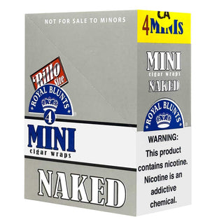 Box of Royal Blunts Mini Cigar Wraps with branding and warning labels.
