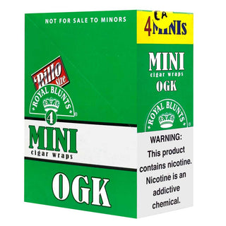 Box of Royal Blunts Mini Cigar Wraps with branding and warning labels.