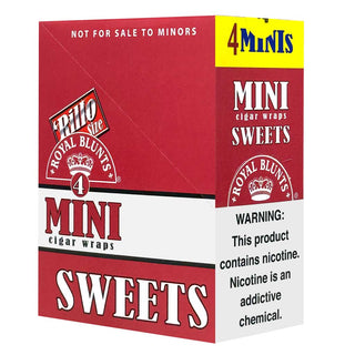 Box of Royal Blunts Mini Cigar Wraps with branding and warning labels.