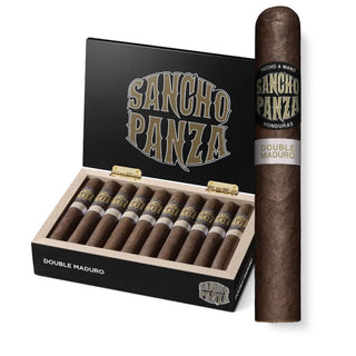 Sancho Panza Double Maduro cigars in a box with a single cigar standing next to it on a white background.