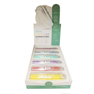 Display box of rolling machines with colorful barrels on a white background