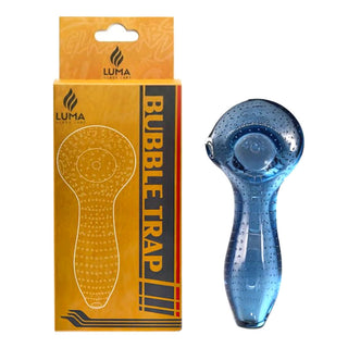 Blue bubble trap next to its packaging with Luma branding on a white background