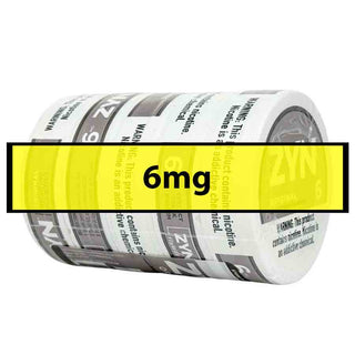 Roll of Zyn nicotine product packaging with '6mg' label on a white background