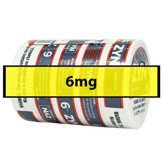Roll of ZYN nicotine Pouches with a yellow label indicating 6mg strength on a white background.