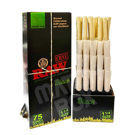RAW Black Organic Hemp 1 1/4 Size Pre Rolled Cones (75/Box)