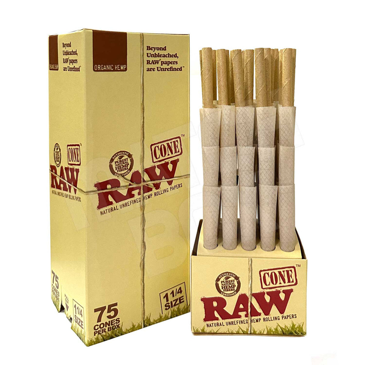 RAW Organic 1 1/4 Size Pre Rolled Cones (75/Box)