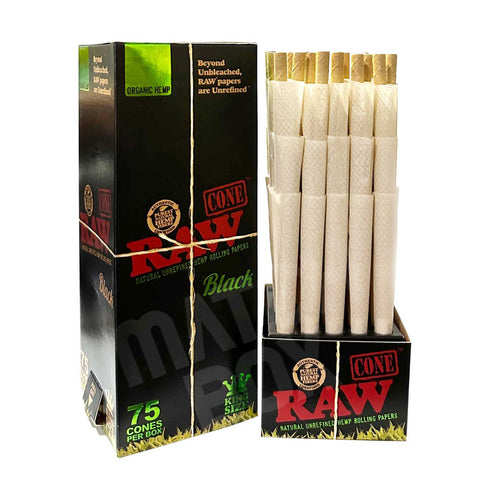 RAW Black Organic Hemp King Size Pre Rolled Cones (75/Box)